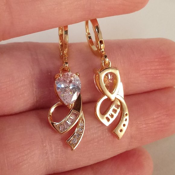 18K Yellow Gold Filled Flower Pear Diamond Zircon Dangle Earrings 1.75ctw ea. - Picture 4 of 4